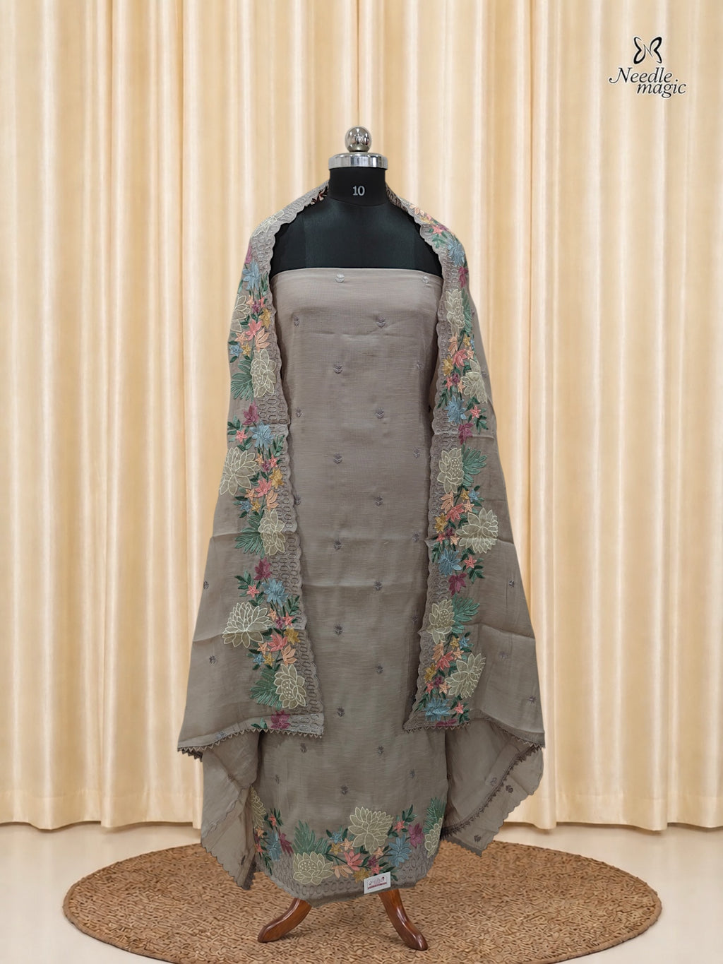 Taupe Grey Mul Chanderi Set With Embroidery Work