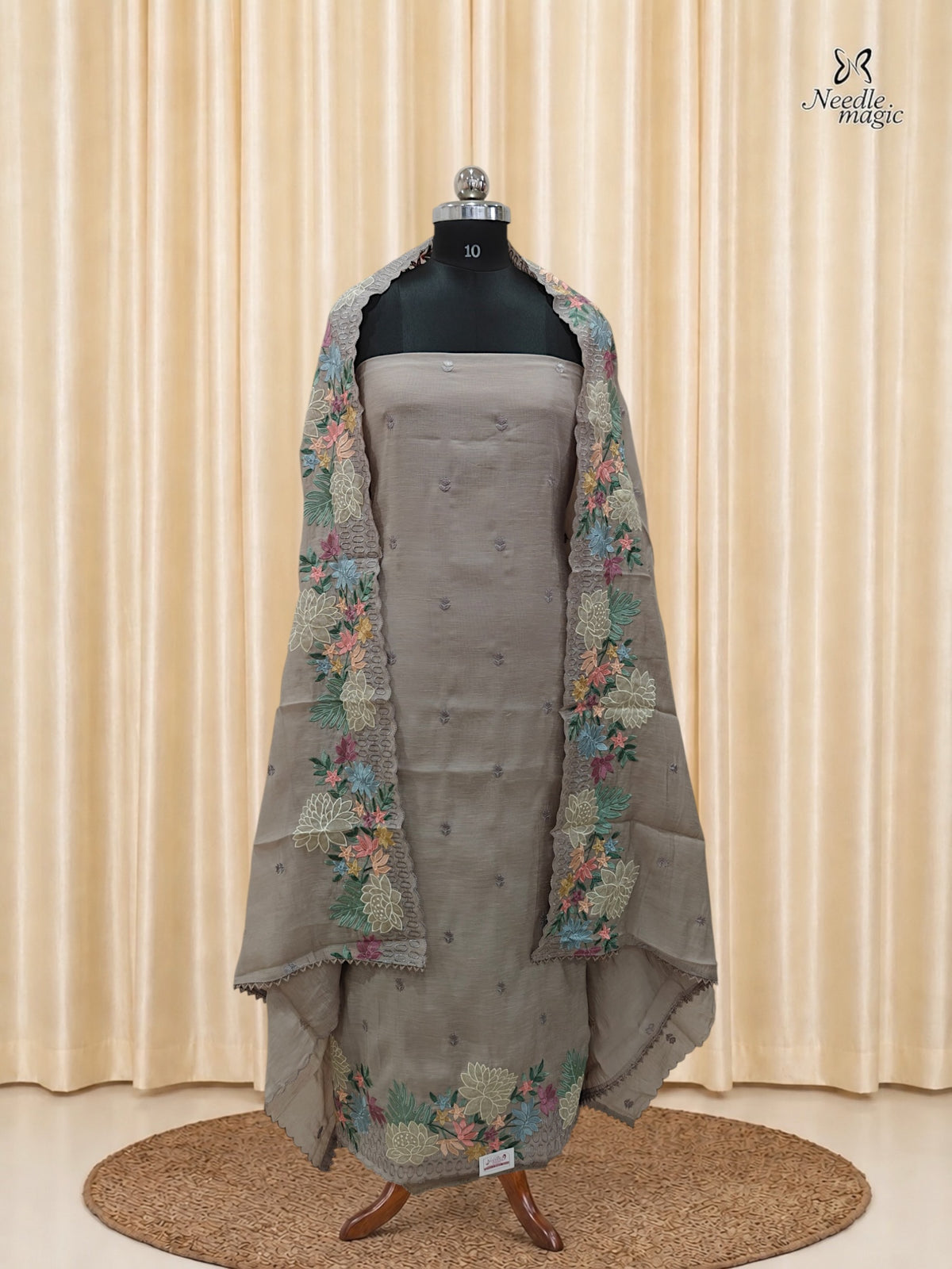 Taupe Grey Mul Chanderi Set With Embroidery Work