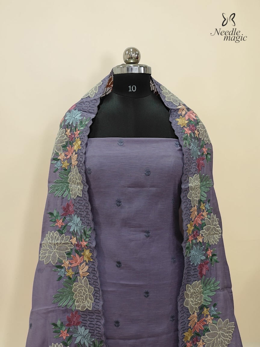 Dusty Lavender Mul Chanderi Set With Embroidery Work