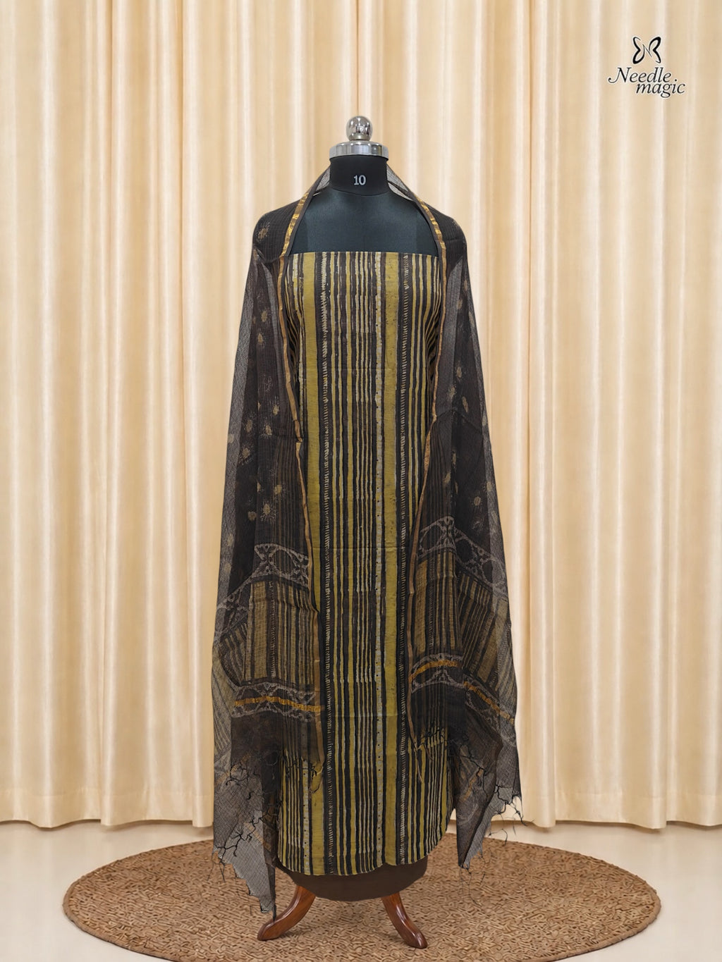 Mustard Yellow & Black Cotton Churidar With Hand Block Ajrakh Print