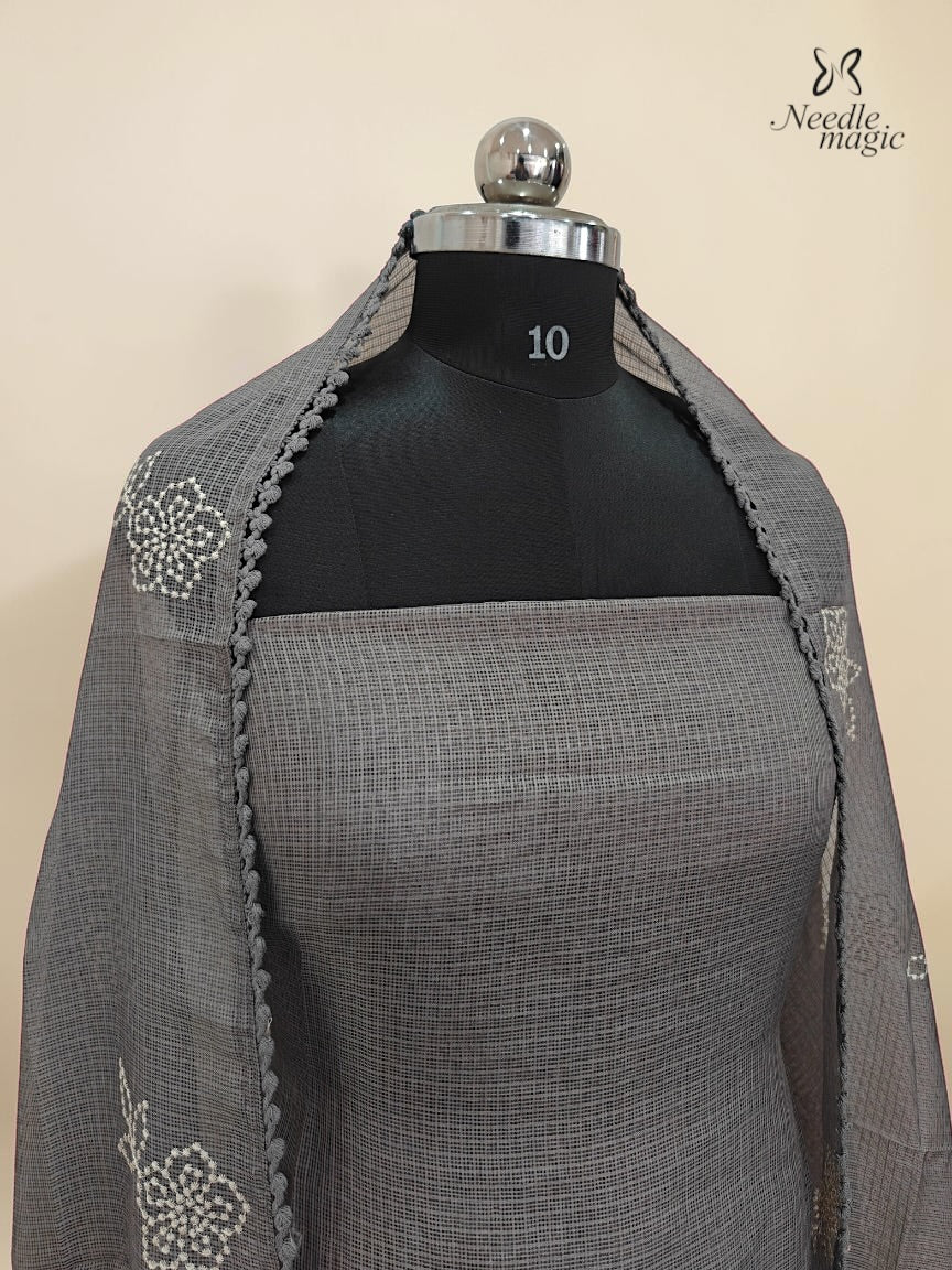 Taupe Grey Net Cotta Churidar with floral Applique