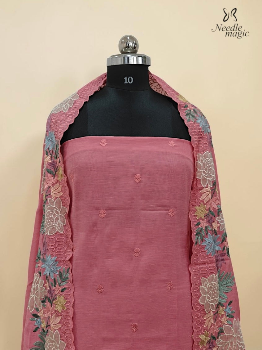 Rose Pink Mul Chanderi Set With Embroidery Work