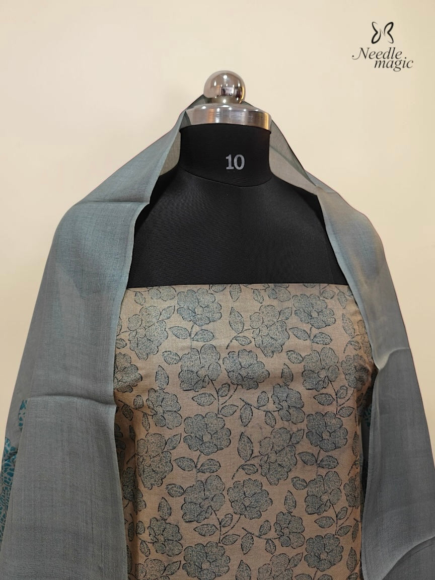 Beige with Sage Blue Tussar Silk Churidar