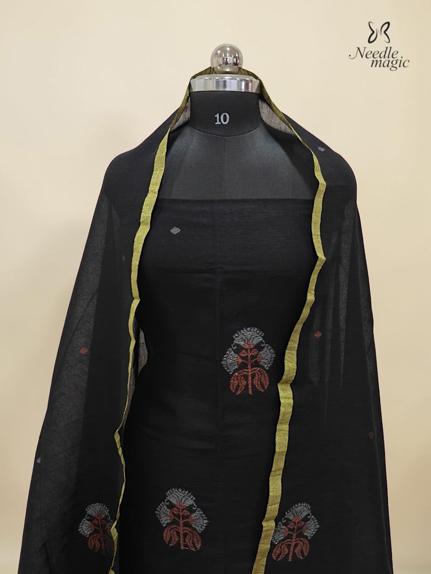 Black Jamdani Linen Silk Churidar