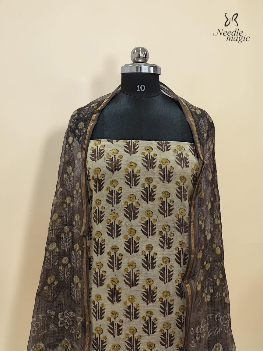 Ivory Cream Cotton Churidar With Hand Block Ajrakh Print