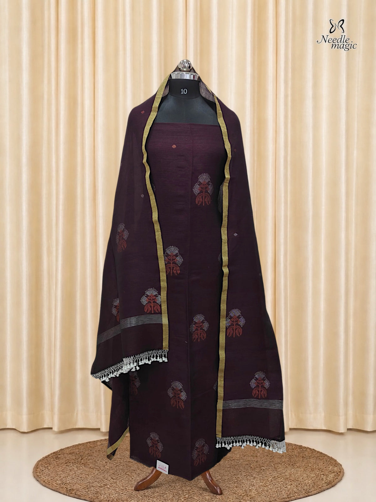 Wine Jamdani Linen Silk Churidar