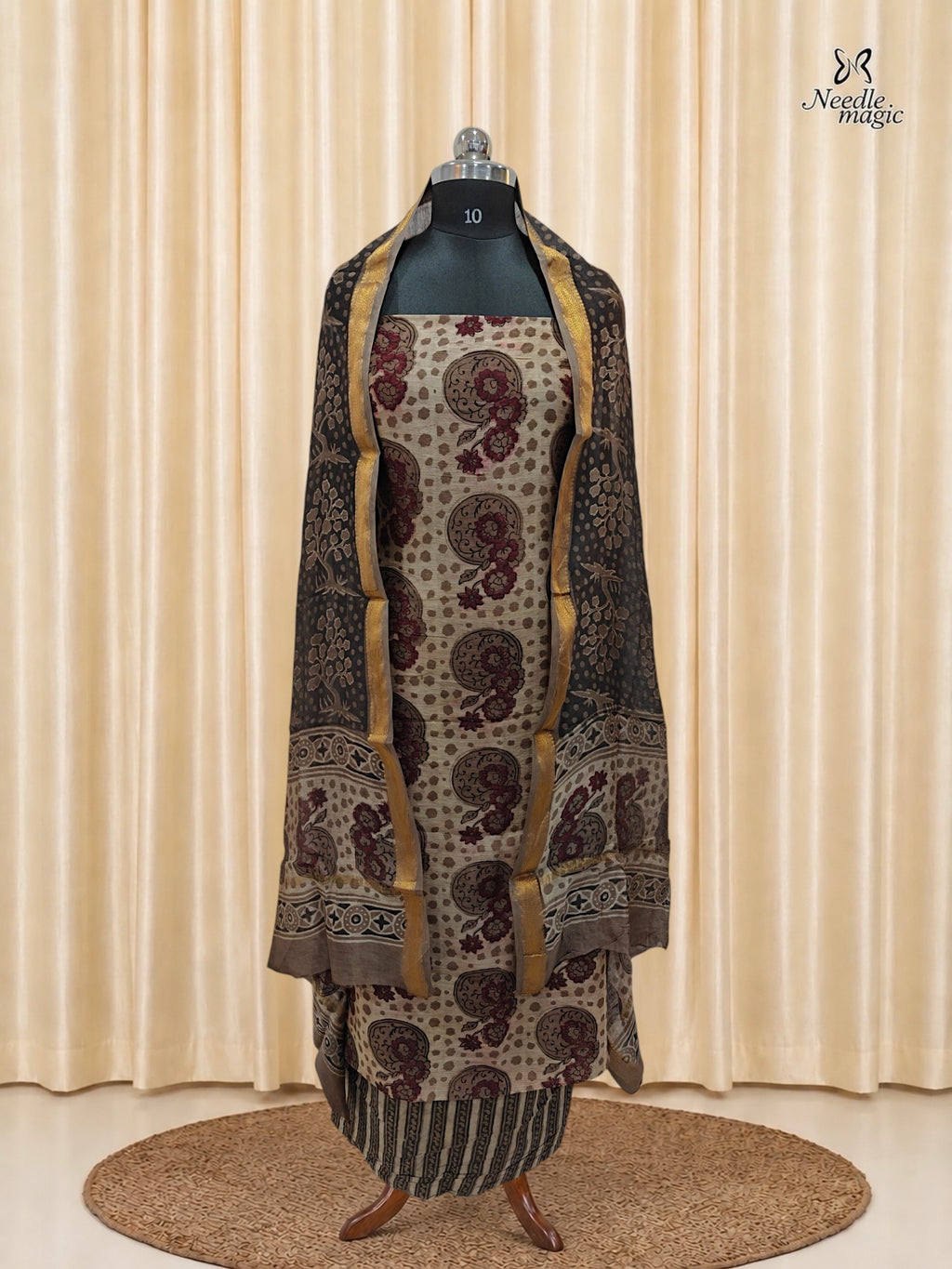 Beige with chocolate brown Maheshwari Silk Churidar