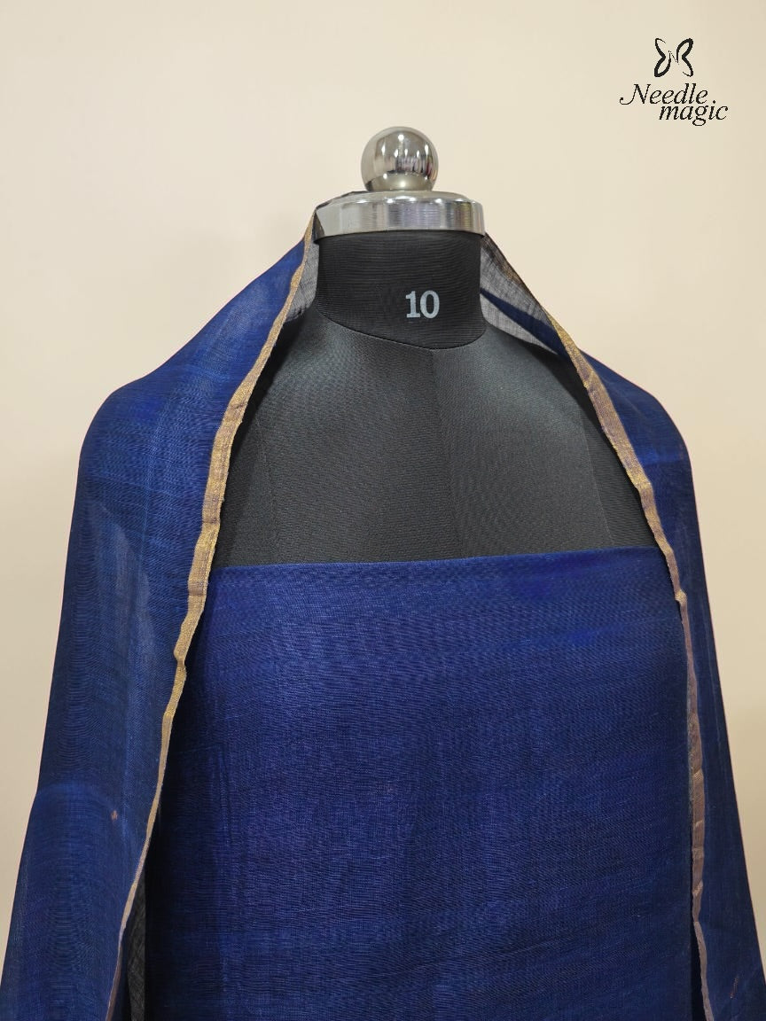 Royal Blue Jamdani Linen Churidar With Antique Gold Border & Motifs