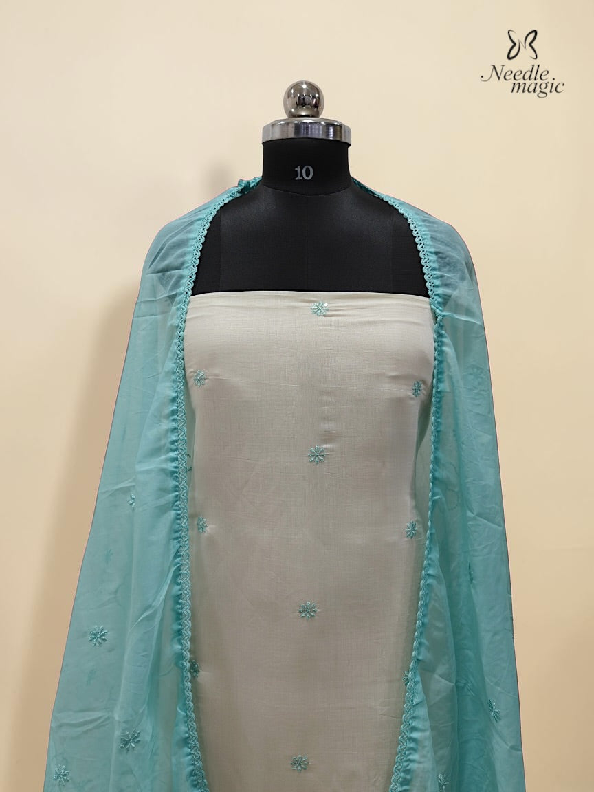 Pastel Aqua Blue Mul Chanderi Set With Cutwork