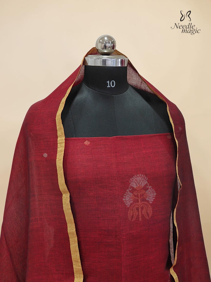 Maroon Jamdani Linen Silk Churidar
