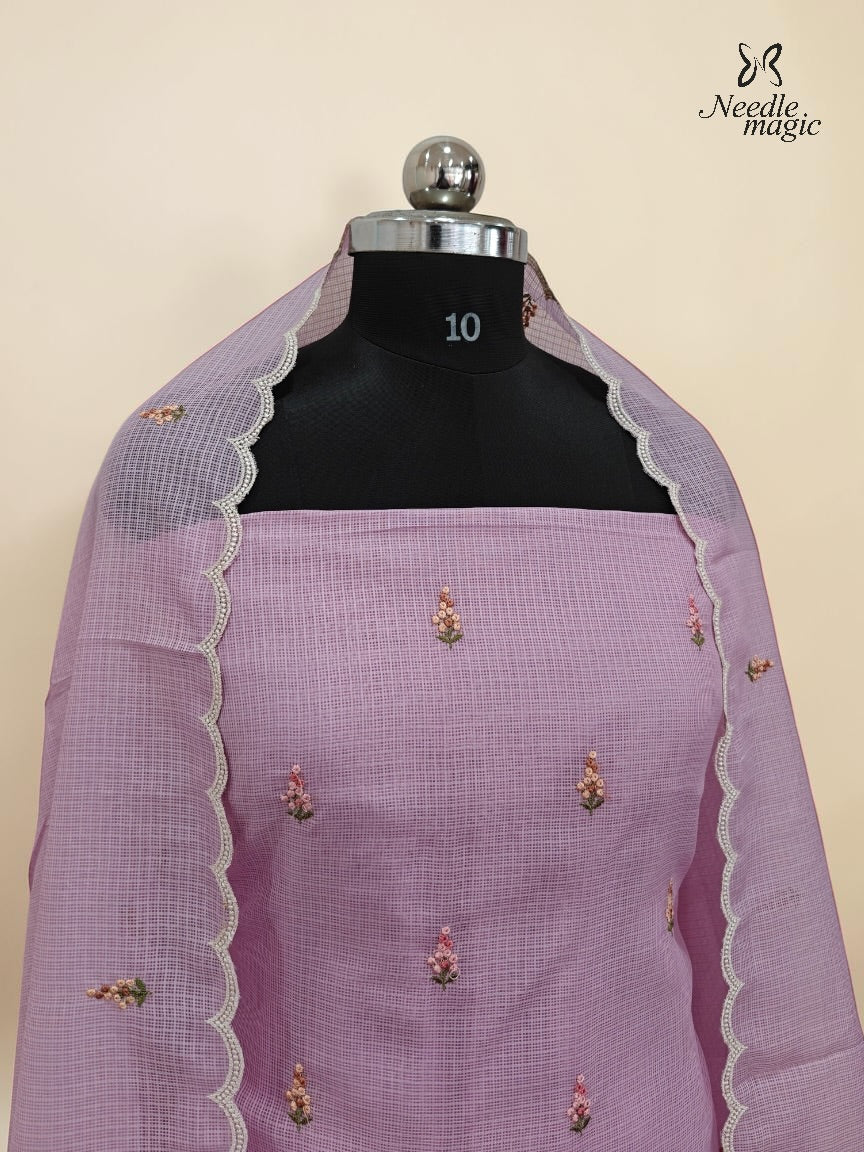Lavender Net Cotta Churidar with floral Applique