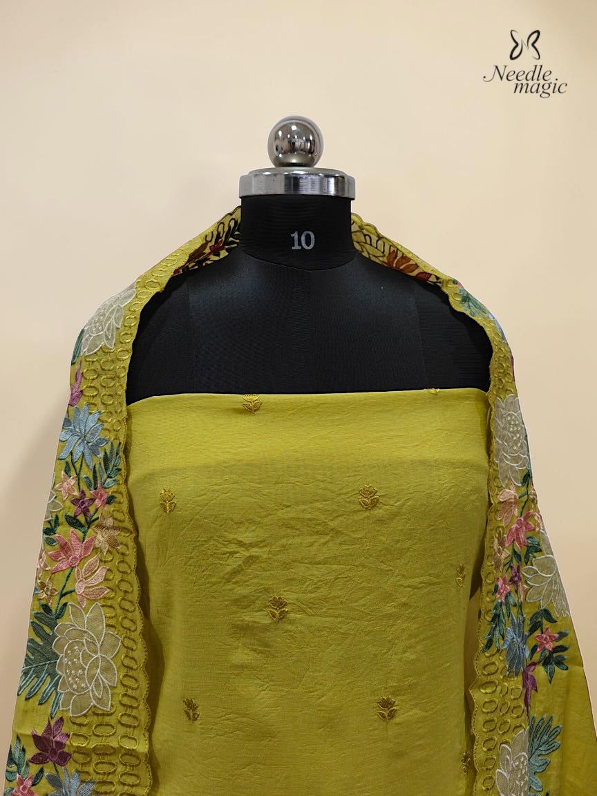 Mustard Yellow Mul Chanderi Set With Embroidery Work
