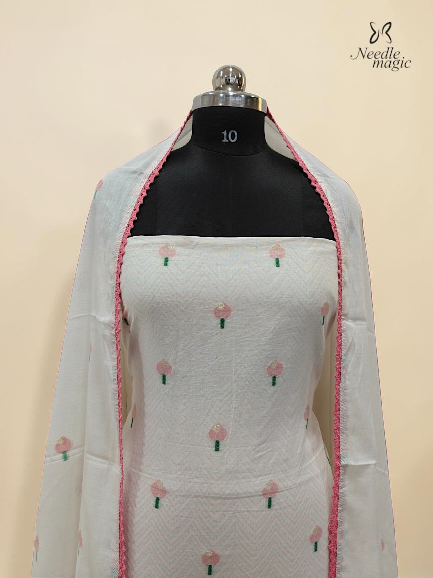 White Mul Cotton Churidar With Soft Pink Floral Detailing