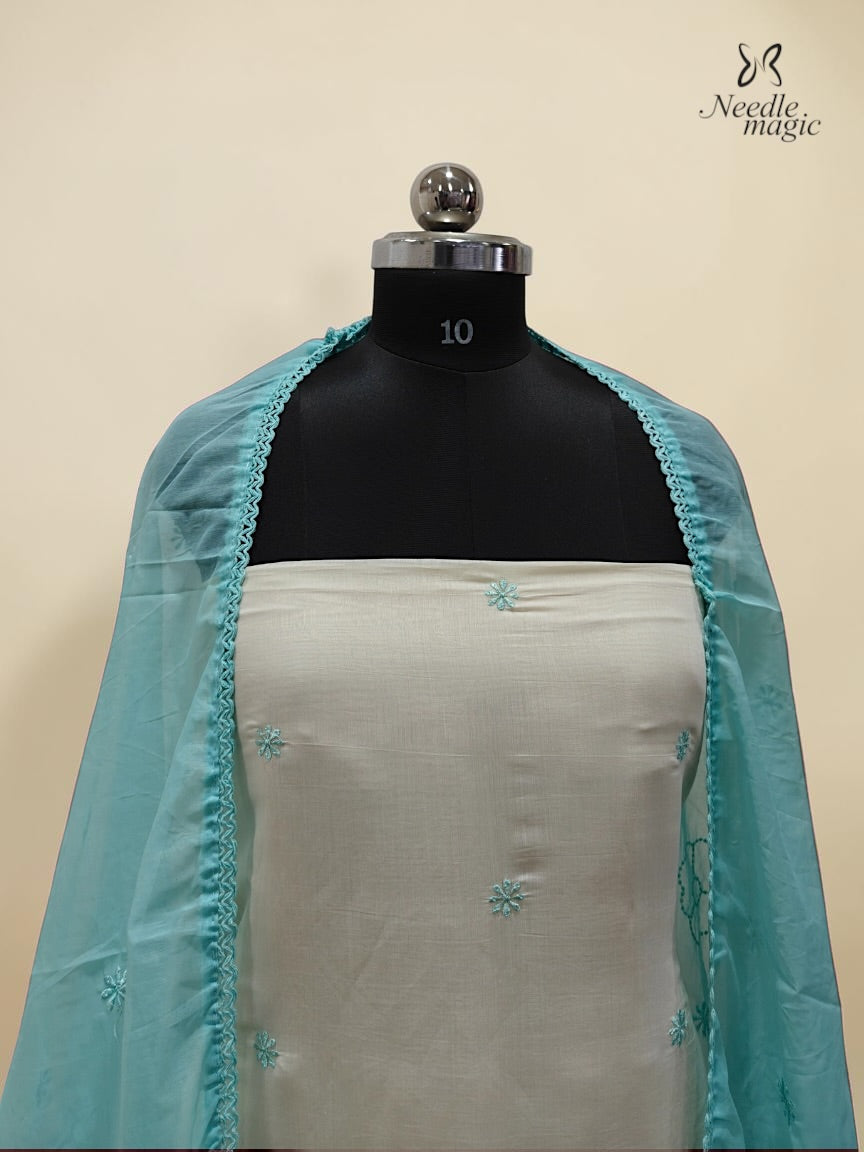 Pastel Aqua Blue Mul Chanderi Set With Cutwork