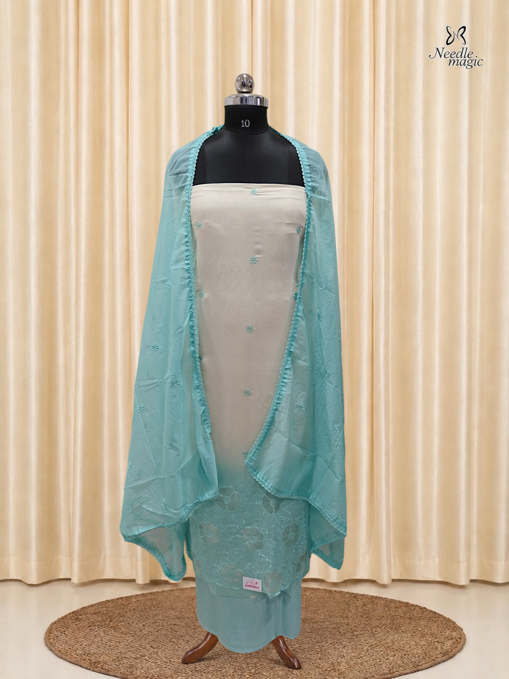 Pastel Aqua Blue Mul Chanderi Set With Cutwork