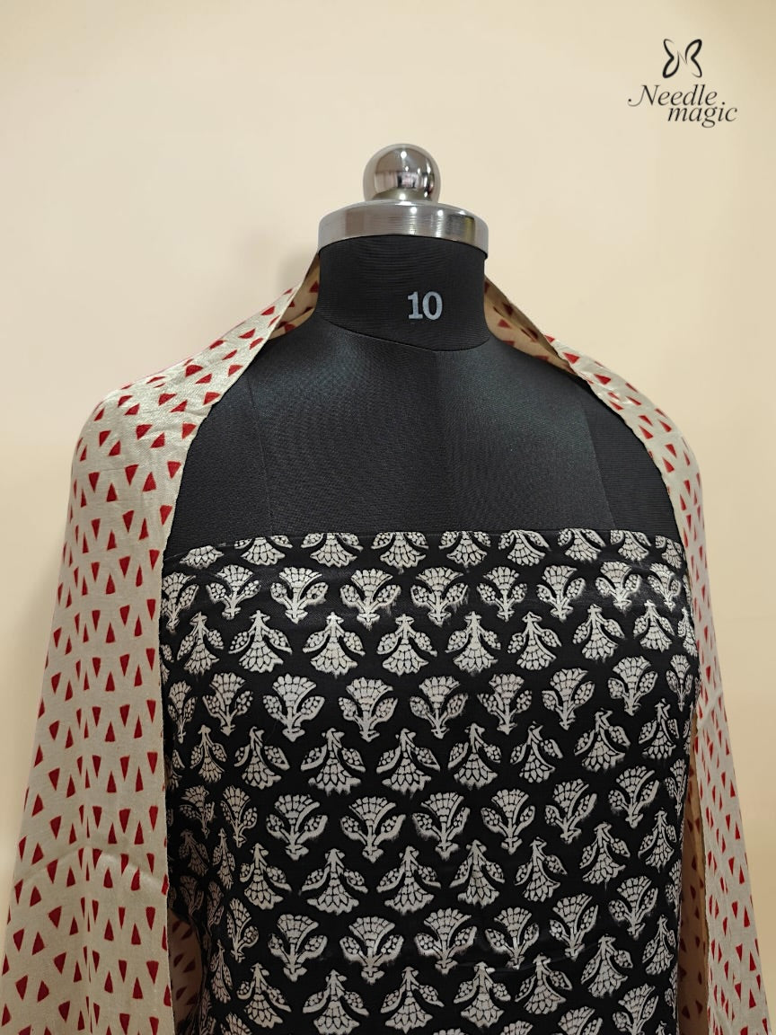 Black Modal Silk Churidar with Ivory Hand Block Print