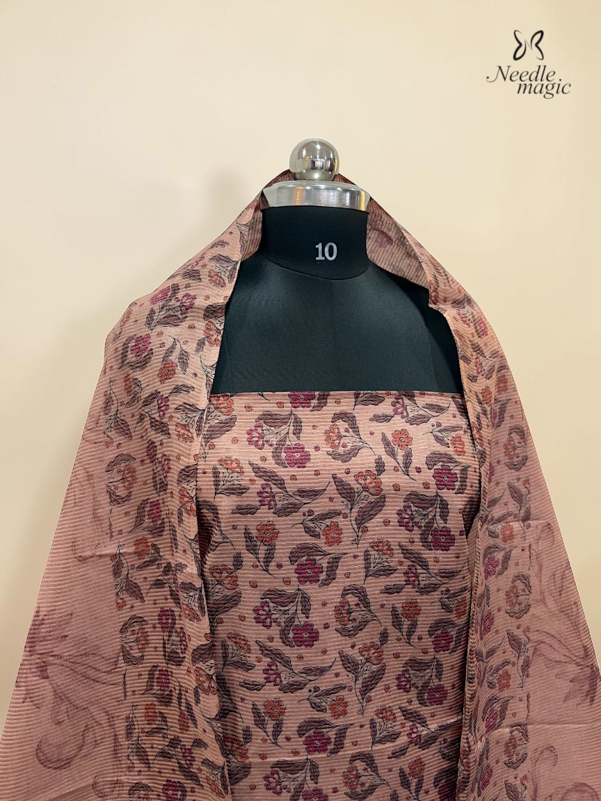 Dusty Rose Tussar Silk Churidar with Maroon Floral Prints