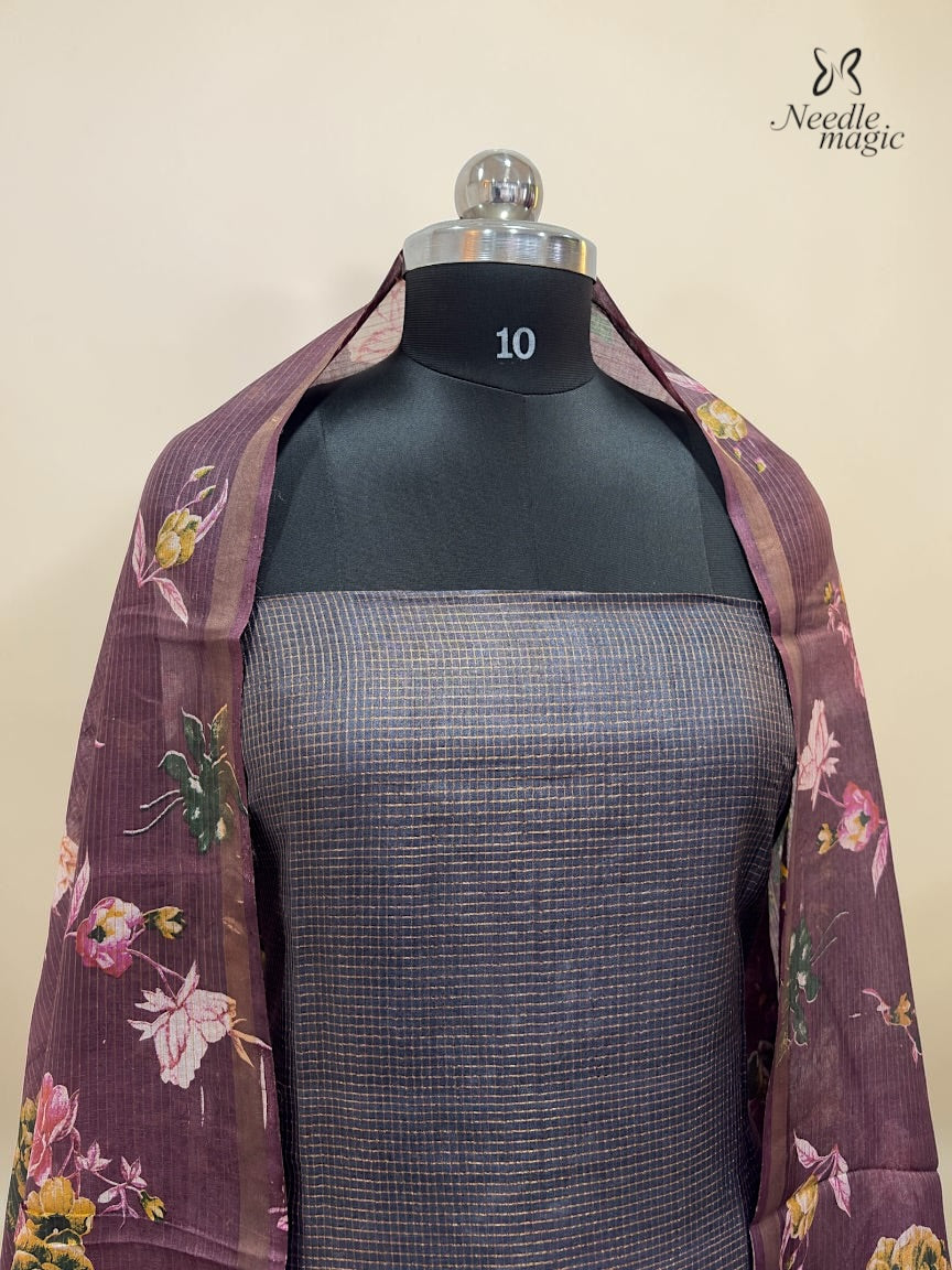 Wine Purple Tussar Silk Churidar with Grey Accents