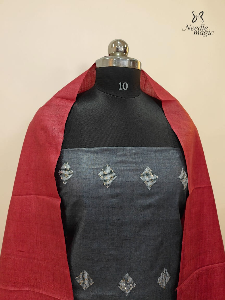 Charcoal Grey & Rust Red Tussar Silk Churidar