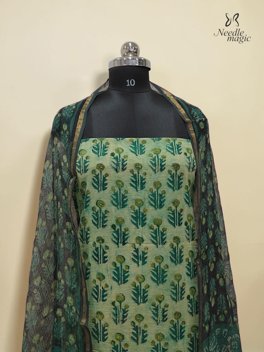 Sage Green Cotton Churidar With Hand Block Ajrakh Print