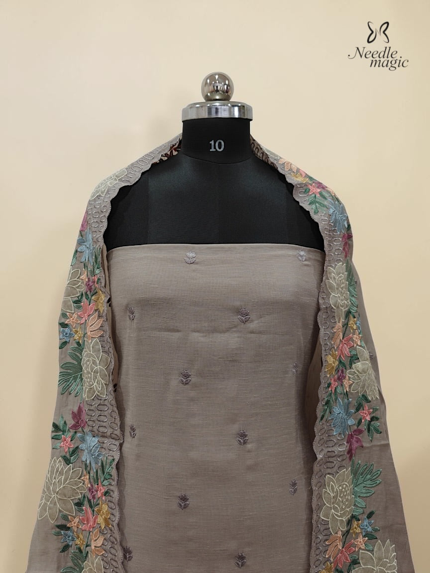 Taupe Grey Mul Chanderi Set With Embroidery Work