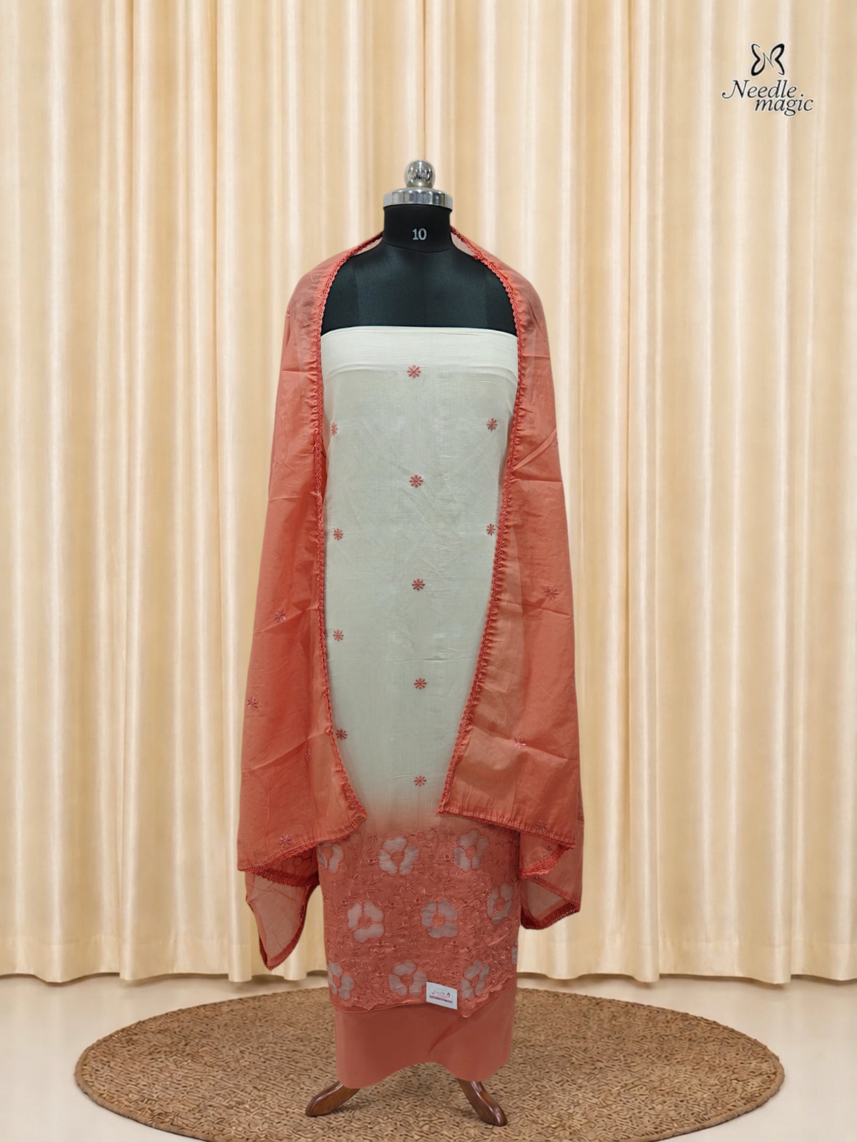 Coral Peach Mul Chanderi Set With Cutwork