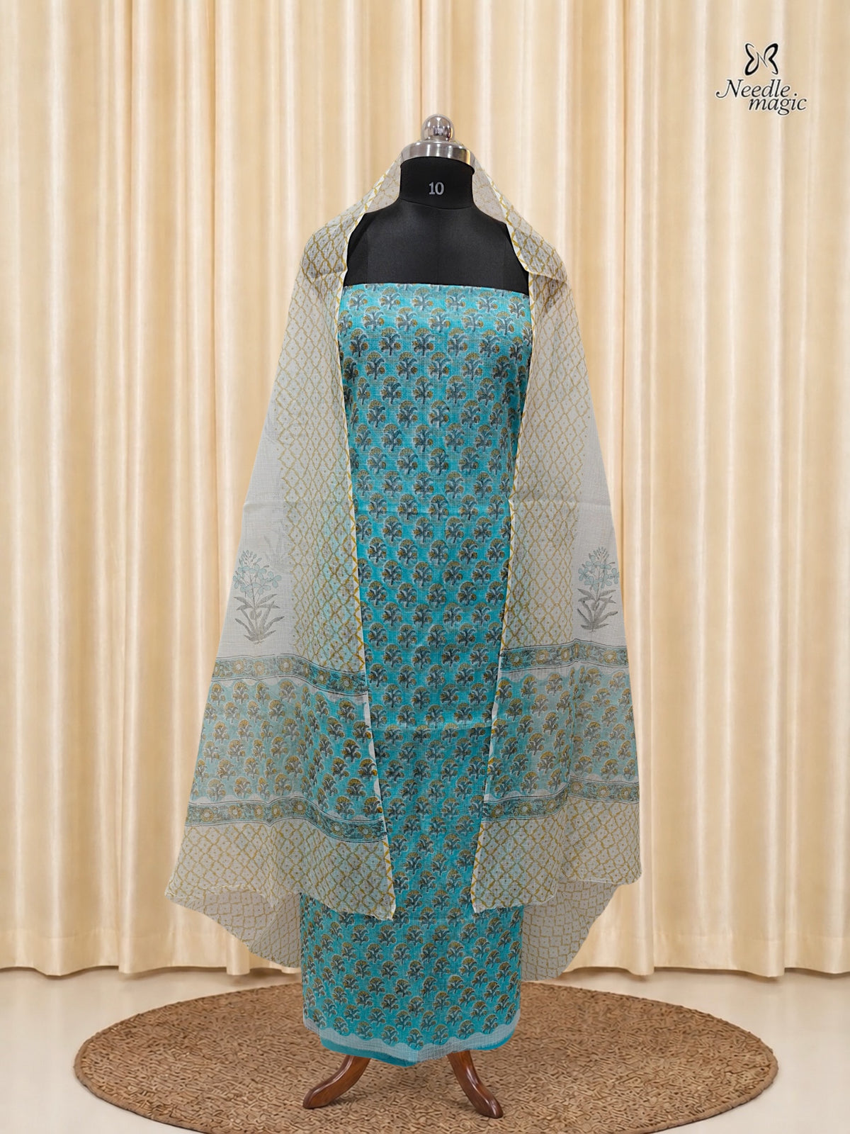 Aqua Blue Net Cotta Churidar