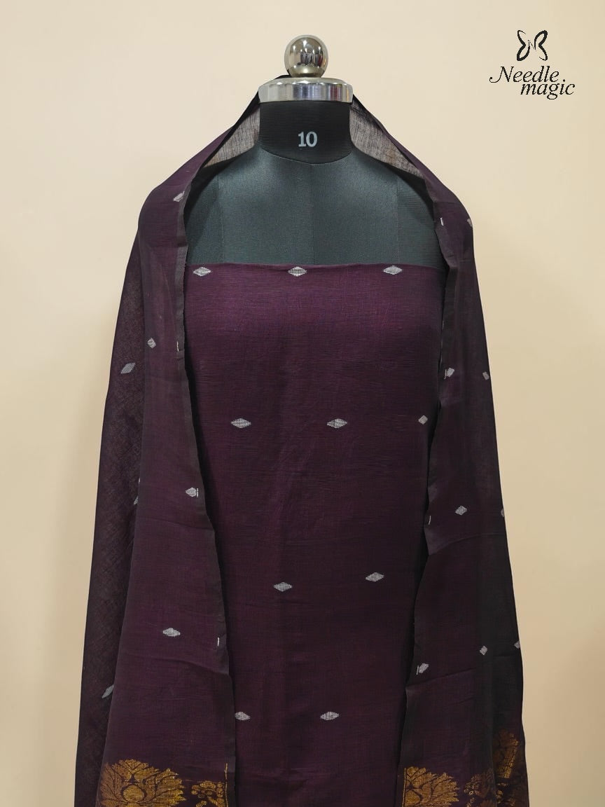 Dark Wine Purple Jamdani Linen Churidar