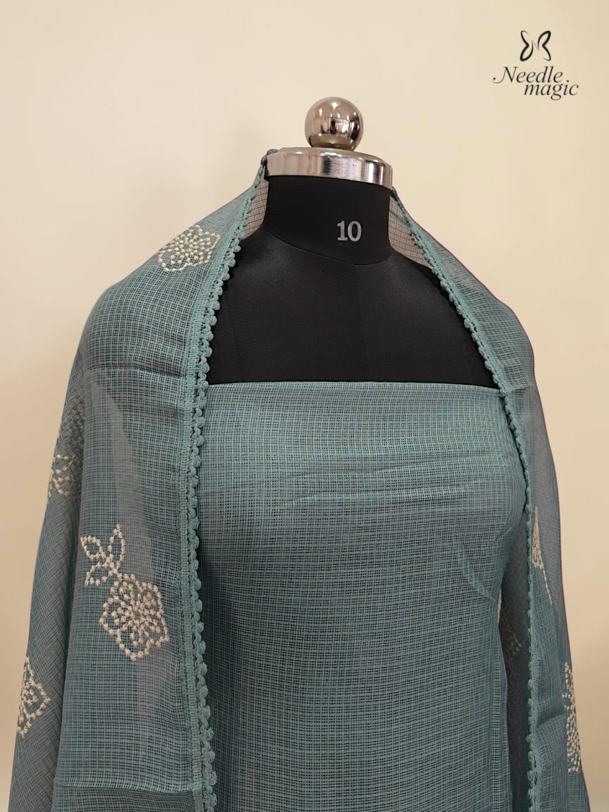 Greyish Teal Net Cotta Churidar with floral Applique