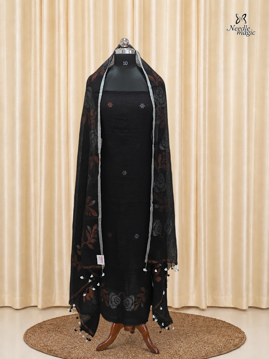 Black Jamdani Linen Churidar With Rust & Silver Floral Dupatta
