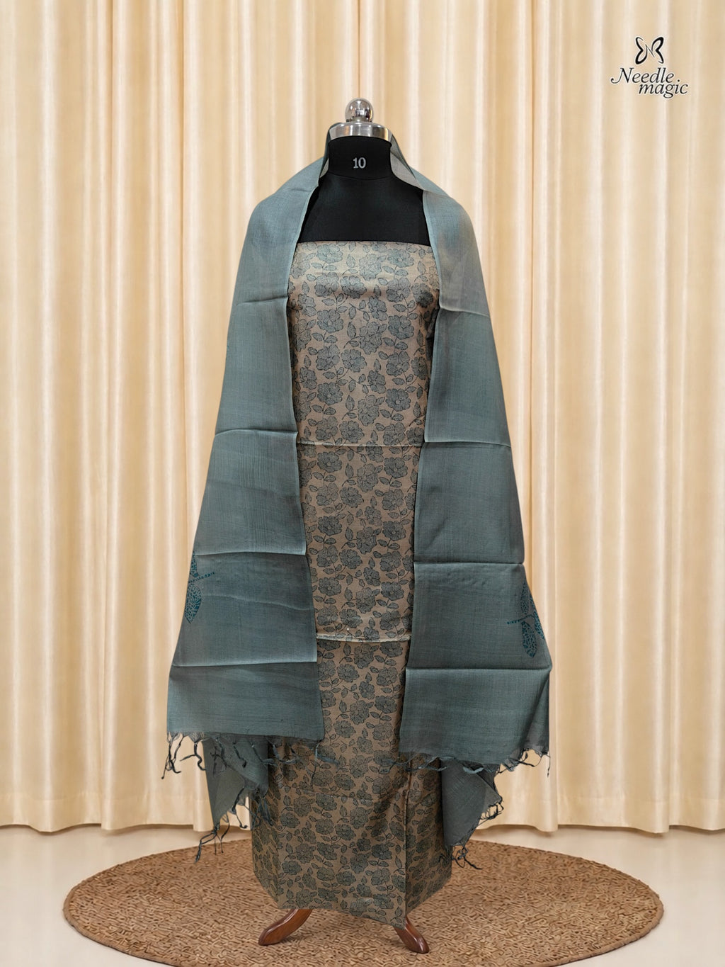 Beige with Sage Blue Tussar Silk Churidar