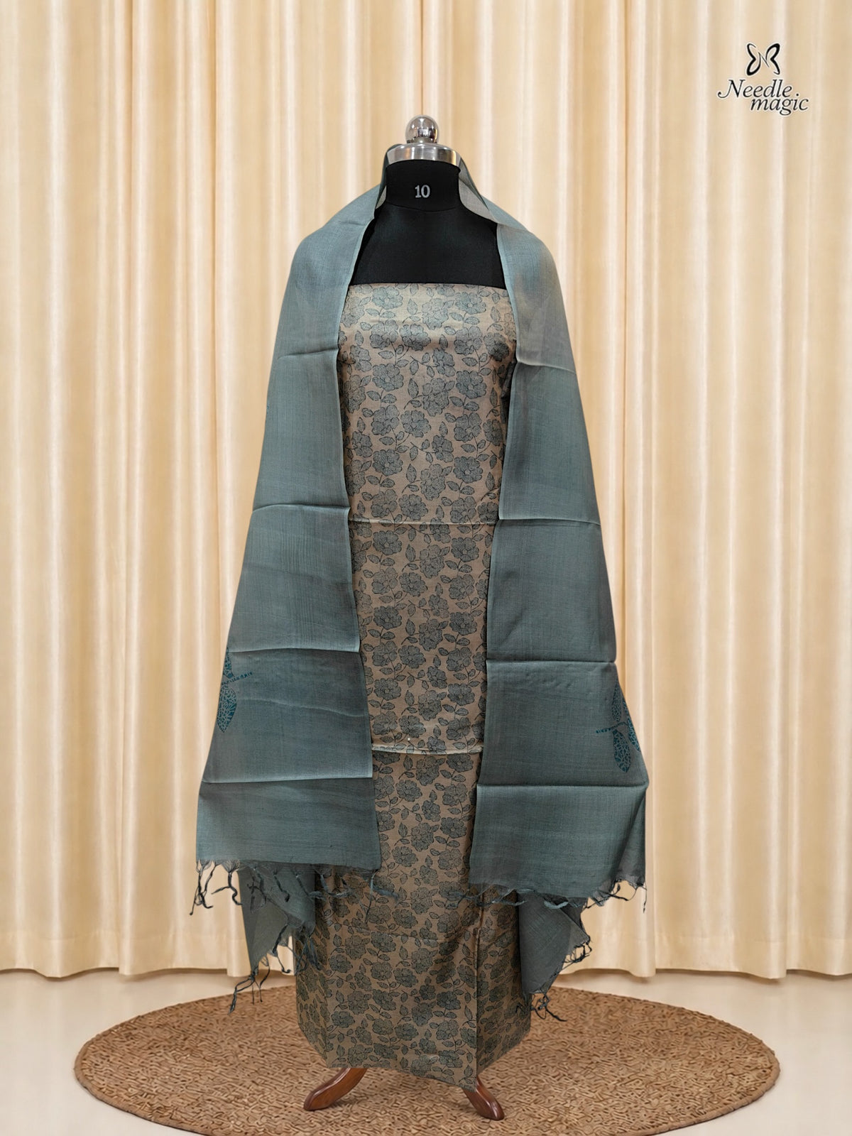 Beige with Sage Blue Tussar Silk Churidar