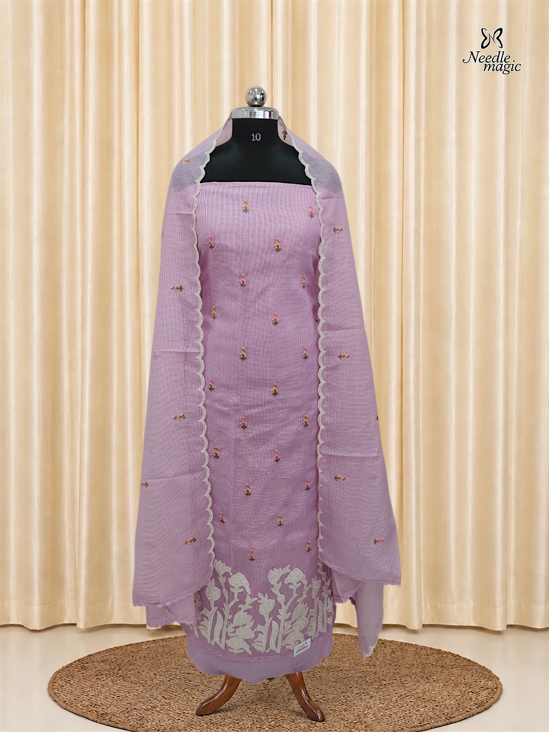 Lavender Net Cotta Churidar with floral Applique