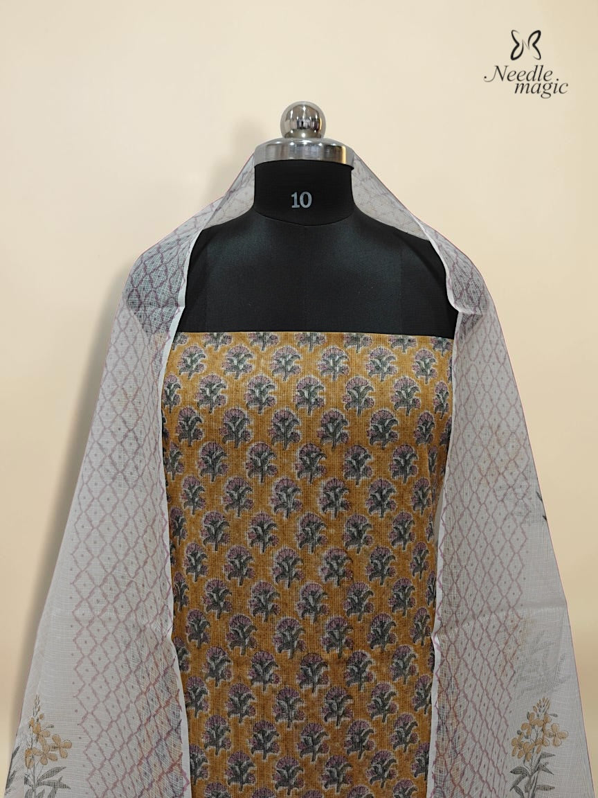 Mustard Yellow Net Cotta Churidar with Multicolour Floral Motifs