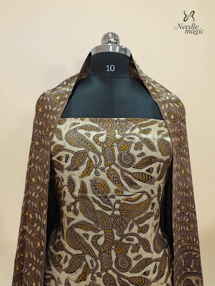 Ivory Cream Modal Silk Churidar with Brown Paisley Print