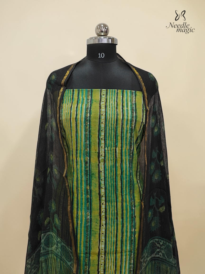 Lime Green Cotton Churidar With Hand Block Ajrakh Print