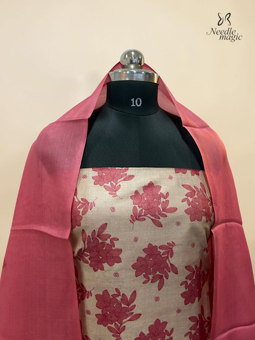 Beige with Rose Pink Tussar Silk Churidar