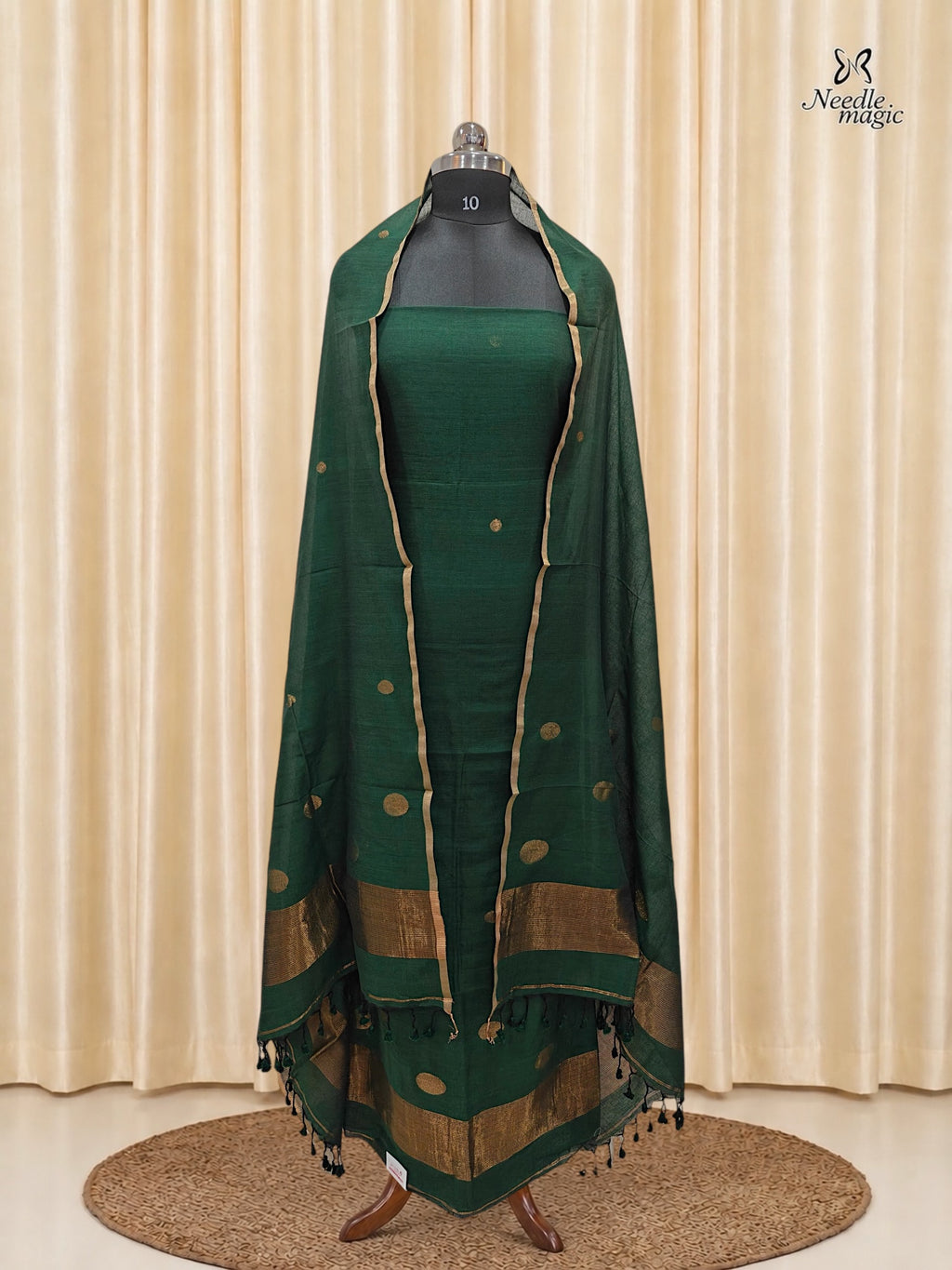 Deep Emerald Green Jamdani Cotton Churidar