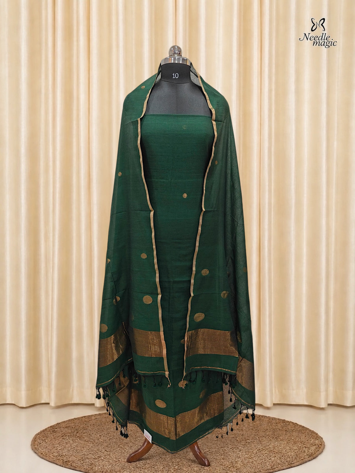 Deep Emerald Green Jamdani Cotton Churidar