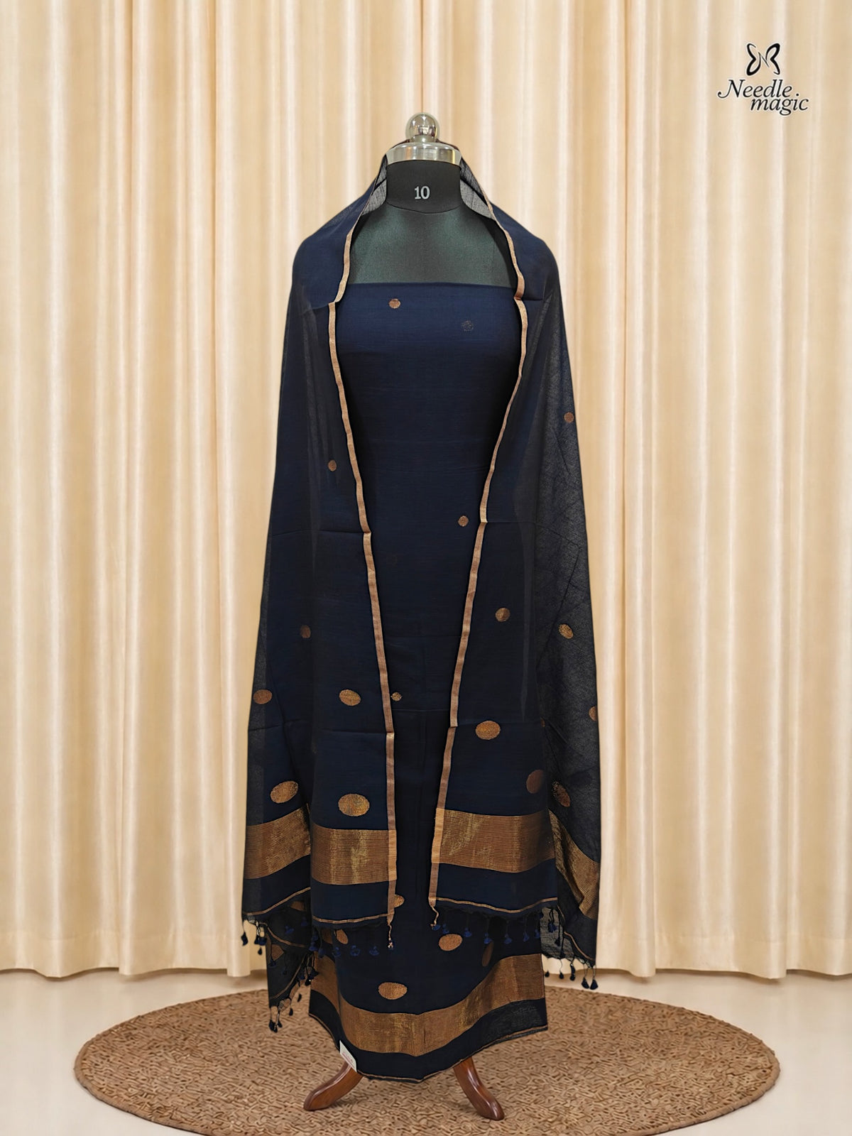 Deep Navy Blue Jamdani Cotton Churidar