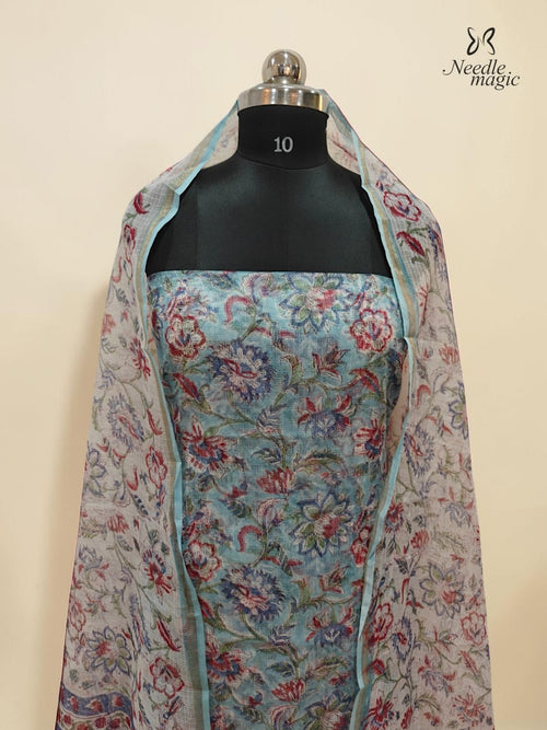 Sky Blue Net Cotta Churidar with Multicolour Floral Accents
