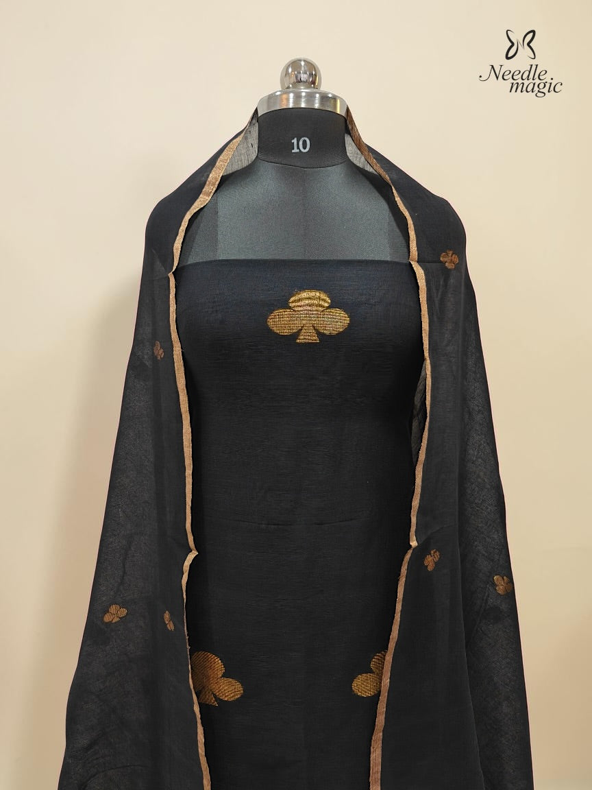 Classic Black Jamdani Linen Silk Churidar