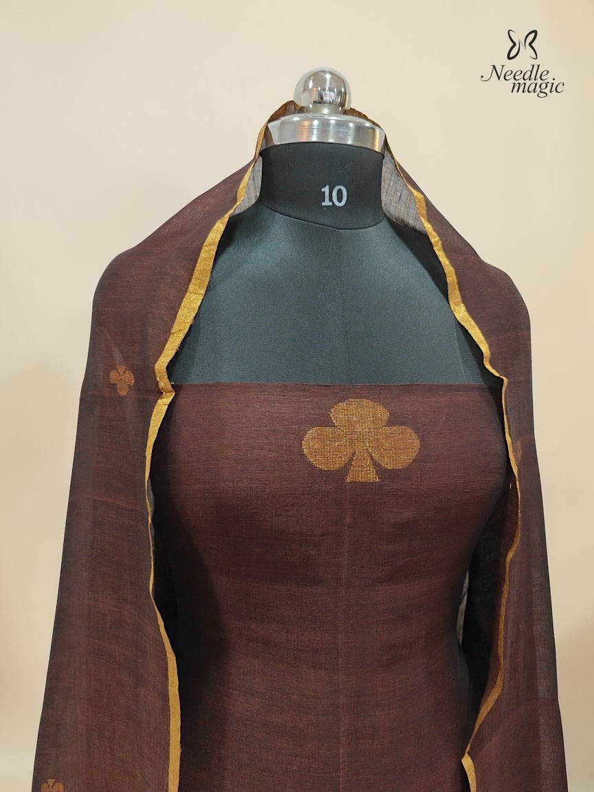 Chocolate Brown Jamdani Linen Silk Churidar