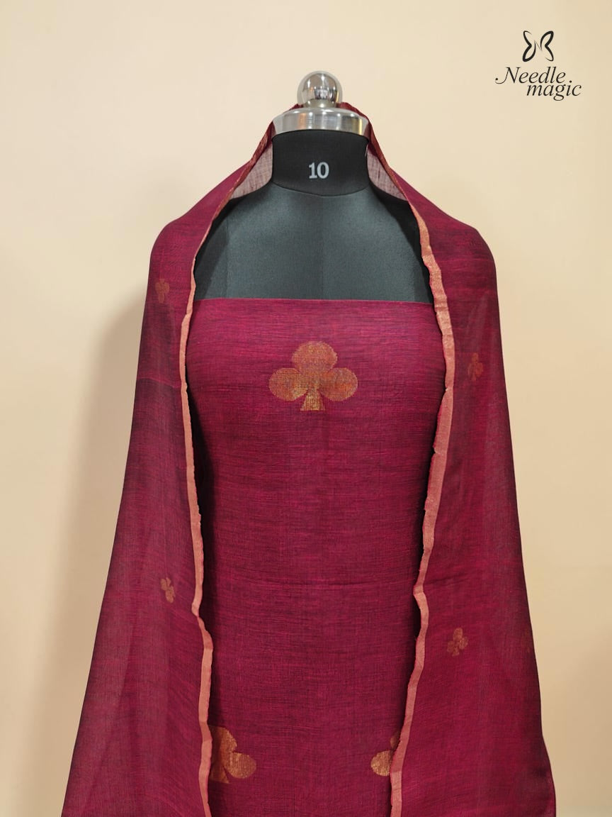Magenta Jamdani Linen Silk Churidar