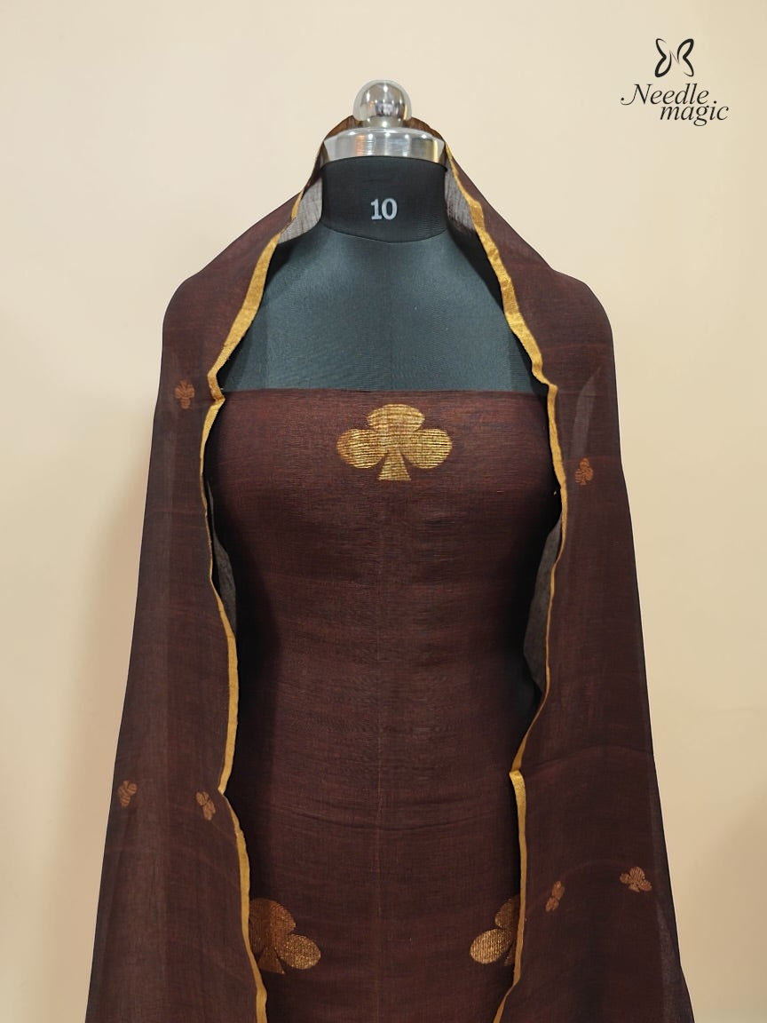 Chocolate Brown Jamdani Linen Silk Churidar