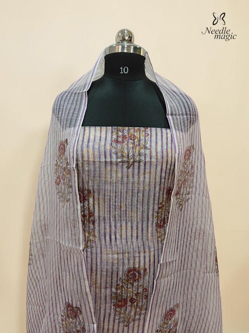 Light Cream Net Cotta Churidar with Lavender and Purple Stripes